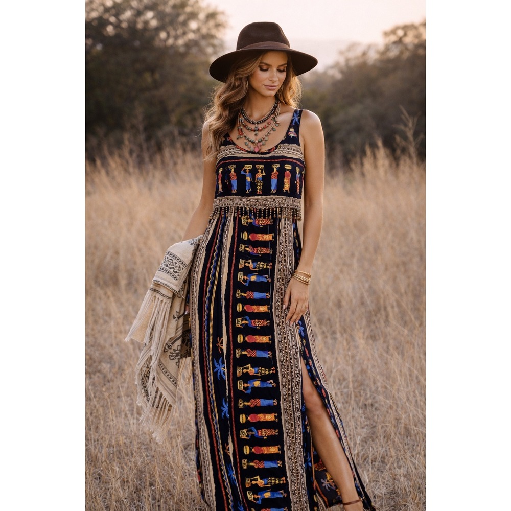Vintage 1990's Just Choon USA Wood Beaded Fringe Tribal Maxi Dress Size 3 Boho